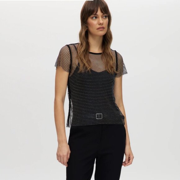 NEW Rachel Zoe Sheer Mesh Tee Adorned with All Over Rhinestones Womens M - Picture 14 of 16